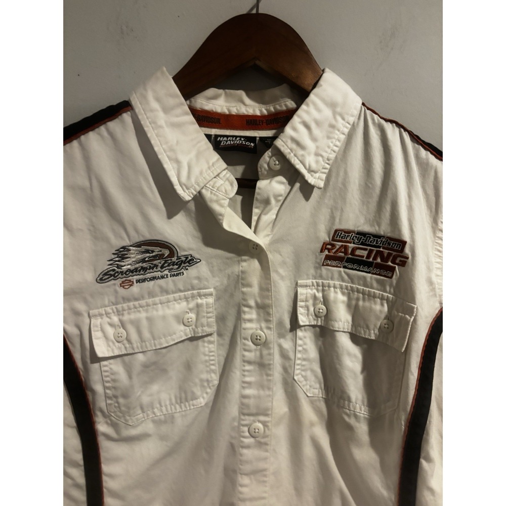Harley Davidson Women's Shirt Large Collared black and Orange - Runs Small